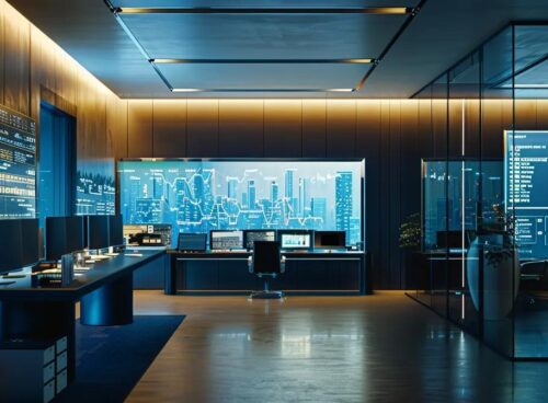 a dynamic urban office space filled with sleek technology displays and charts illustrating complex financial transactions, emphasizing the theme of integration in money laundering through vibrant visual data and an atmosphere of high-stakes finance.