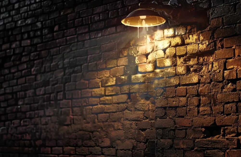 a stark, dimly-lit urban alleyway is dominated by a weathered brick wall, strategically illuminated by a single harsh overhead light, casting deep shadows that hint at a sense of secrecy and concealment, symbolizing the weight of a criminal record looming over the environment.