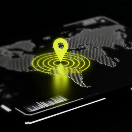Map with location icon on screen representing real-time monitoring and AML compliance tracking