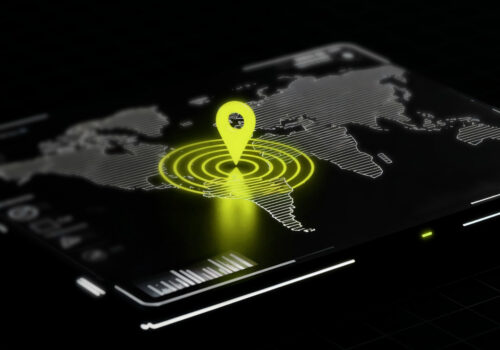 Map with location icon on screen representing real-time monitoring and AML compliance tracking
