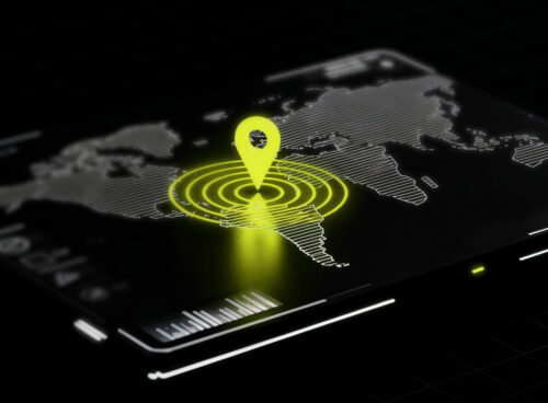 Map with location icon on screen representing real-time monitoring and AML compliance tracking