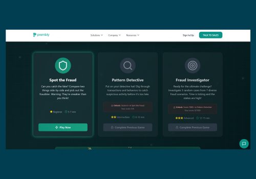 Prembly Fraud Game interface showing fraud detection scenarios