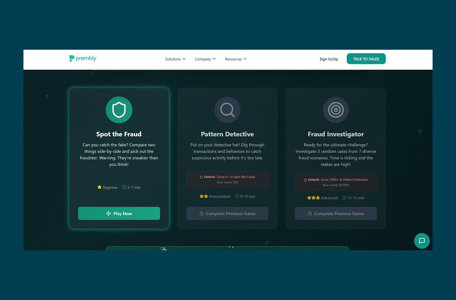 Prembly Fraud Game interface showing fraud detection scenarios