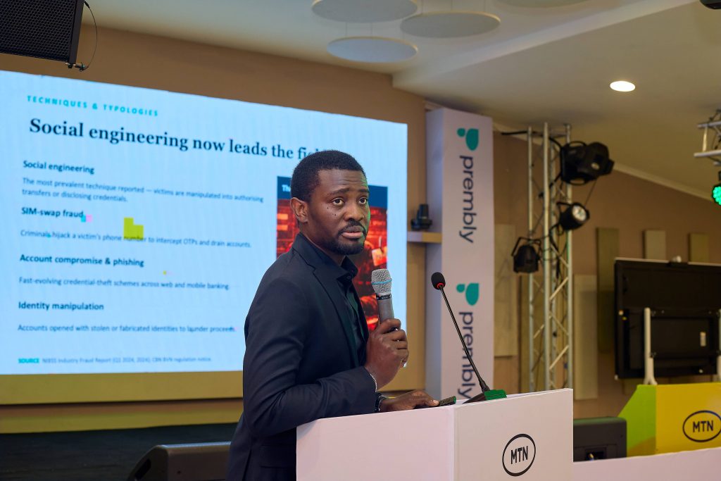 Lanre Ogungbe delivering opening remarks at the Prembly Fraud Intelligence Summit 2026.