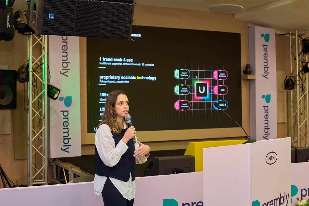 Naiara, Prembly Associate from UNICO Brazil, speaking at the Prembly Fraud Intelligence Summit 2026.